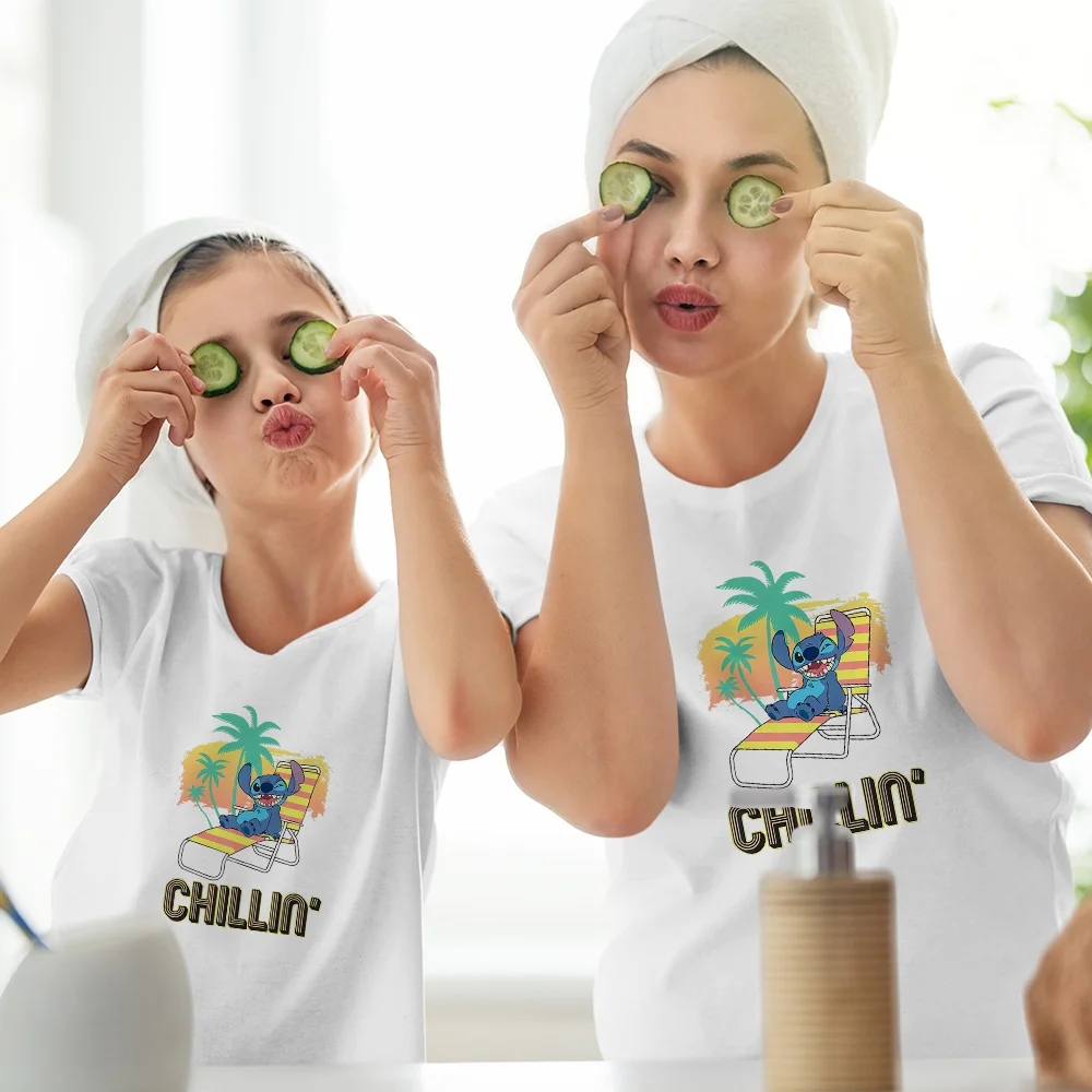 

Cute Sibling Clothes Stitch Chillin Graphic Tshirt Summer Color Casual O-neck T Shirt Family Look Tee Men Women Universal Top