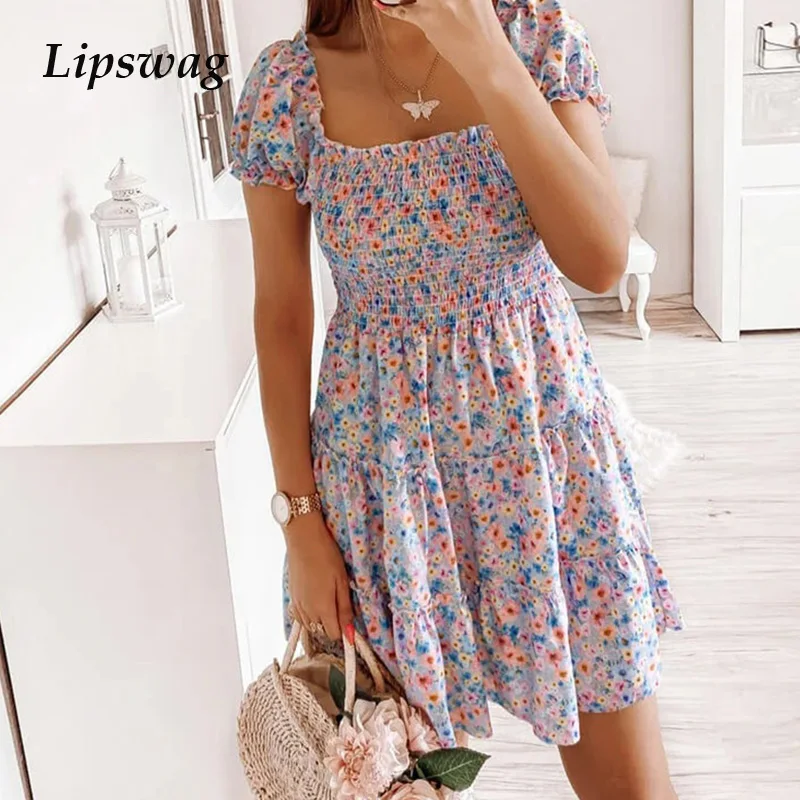 

Повседневное свободное платье с квадратным вырезом и коротким рукавом, лето 2021, элегантное женское модное мини-платье с принтом, пикантное ...