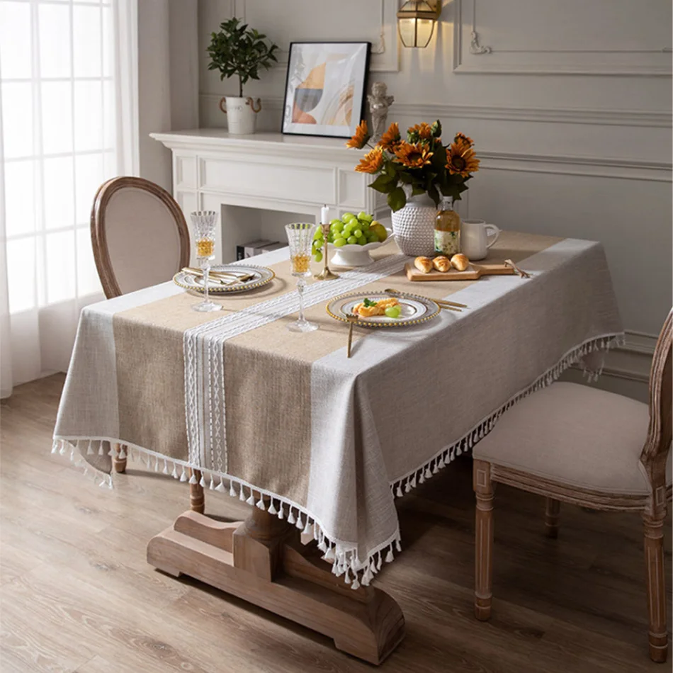 

Japanese Style Striped Cotton And Linen Tassel Tablecloth Rectangular Round Table Nordic Coffee Table Cover Towel Tablecloth