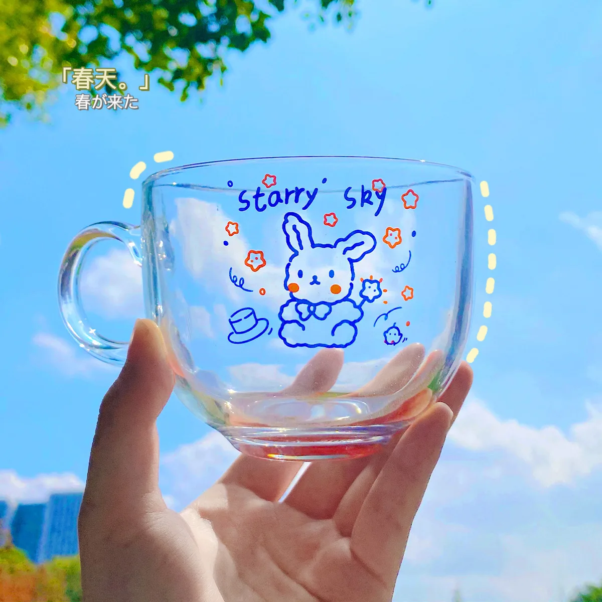 

Kawaii ins cartoon glasses rabbit cute girl's mind minimalist breakfast cup transparent glass cup large capacity