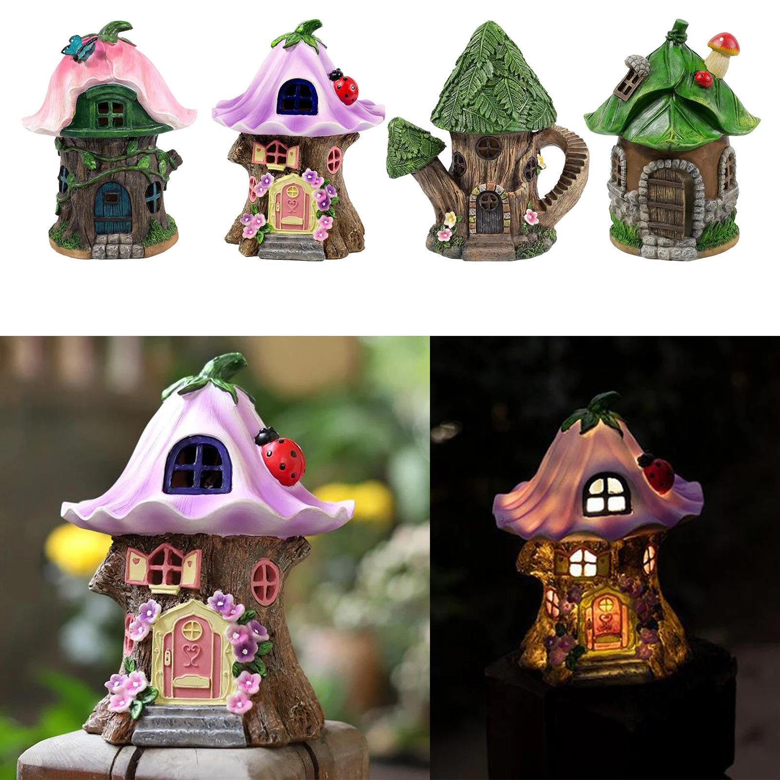 

Cute Mini Fairy House Statue Outdoor Garden Light Patio Yard Walkway Decor