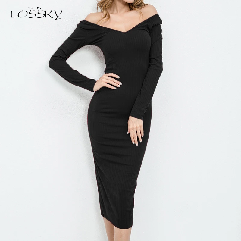 Lossky сексуальное женское облегающее платье с открытыми плечами длинным рукавом