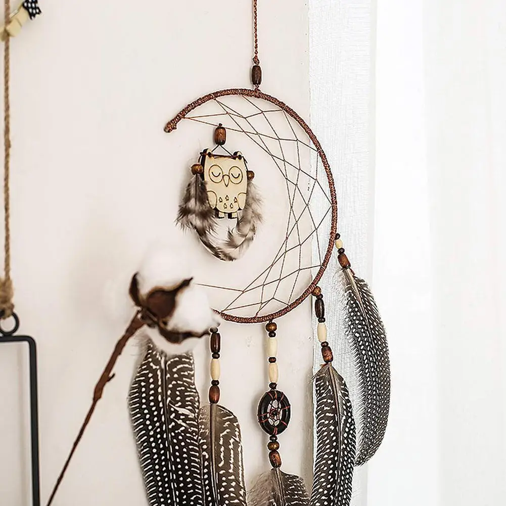 Подвесной Ловец снов с перьями деревянная сова Настенный декор подвесное