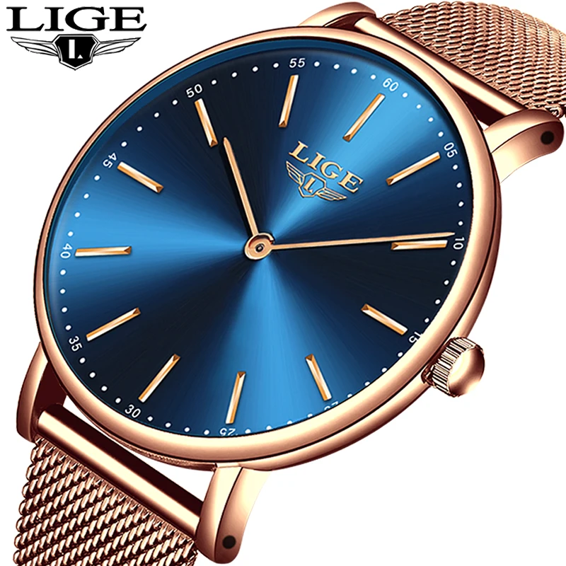 

Часы LIGE женские из нержавеющей стали, брендовые люксовые повседневные наручные, супер тонкие, с сетчатым браслетом из розового золота