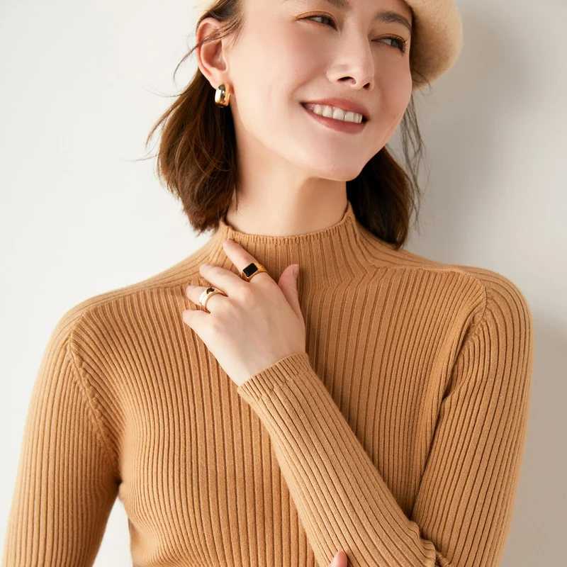

Autumn Winter Sweater For Women Knitted Striped Full Sleeves Half Turtleneck Slim Warm Pullover Elegant Basic Soft Jumper Tops
