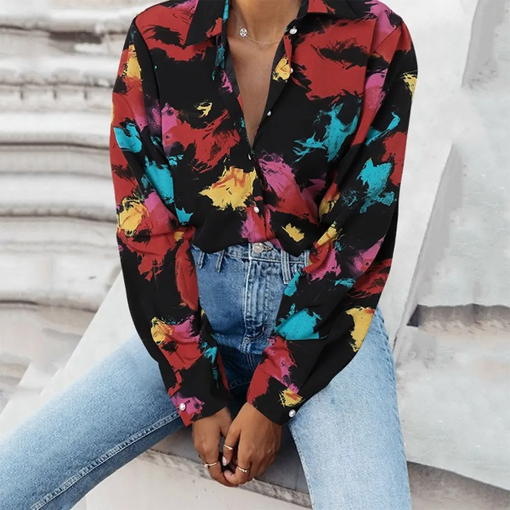 

Tie dye Turndown-collor Long Shirt Women Slim Autumn Shirt Long Sleeve OL Blouse Casual Work Shirt Blouse Office Tops