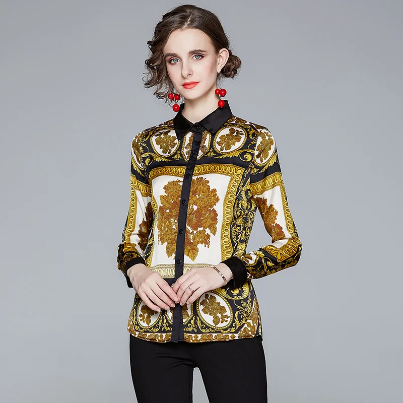 

2022 Spring Summer Women's Blouse European Commuter Lapel Printing Long-sleeved Blouse New Female Slim Tops X867