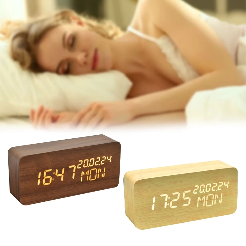 

Desktop LED Temperature and Humidity Dual Display Wooden Alarm Clock Electronic