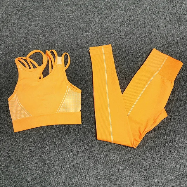 Seamless Sport Set Women 2 Pieces Crop Top Bra Long Leggings Sport Suit Workout Outfit Active Fitness Yoga Gym Wear