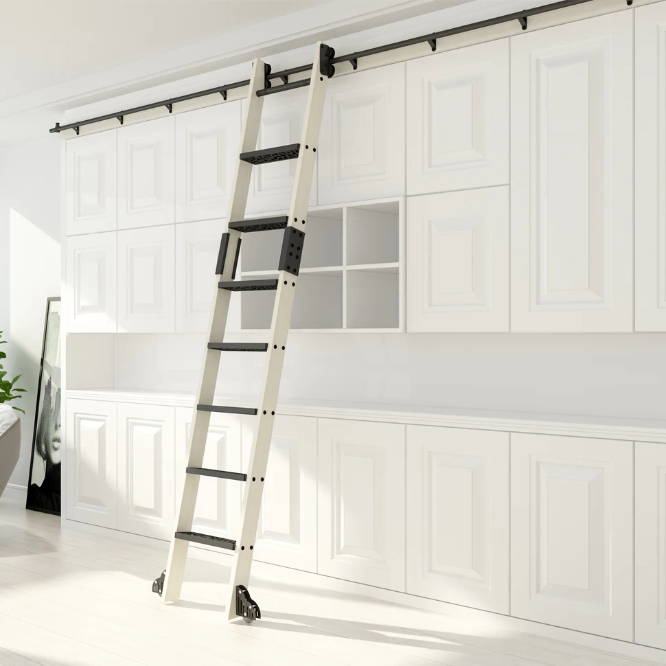 

DIYHD Unfinished Rolling Library Wooden Step Ladder with 6.6FT Sliding Hardware