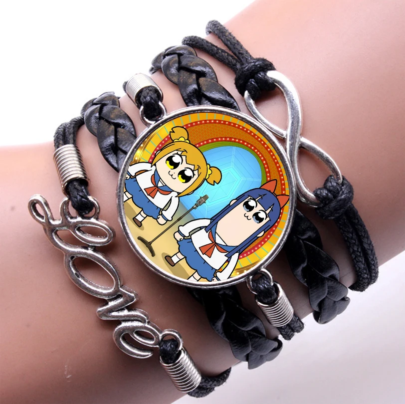 

anime Pop Team Epic Bracelet Multilayer Black Leather Bangles Transparent Glass Dome Charm Jewelry women gift Bracelet