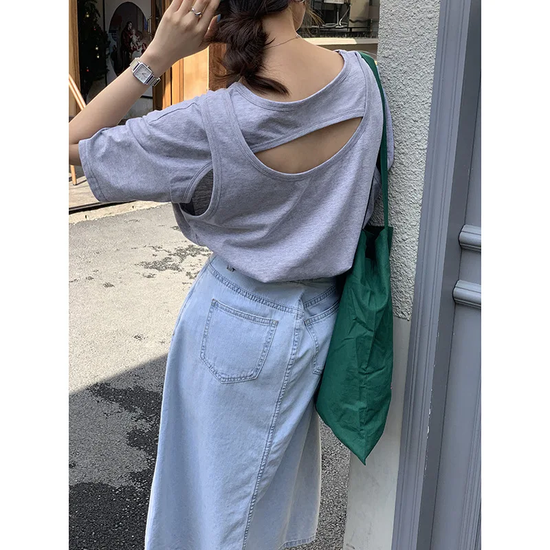 

Design Short Sleeve T-Shirt women fashion clothing 2021 summer loose back hollow out round neck print y2k top bad girl t780001