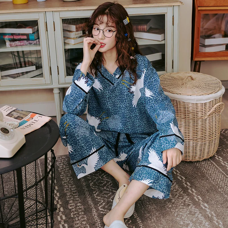 Хлопковая пижама женская 2 предметов принтом милая свободная v-образным вырезом