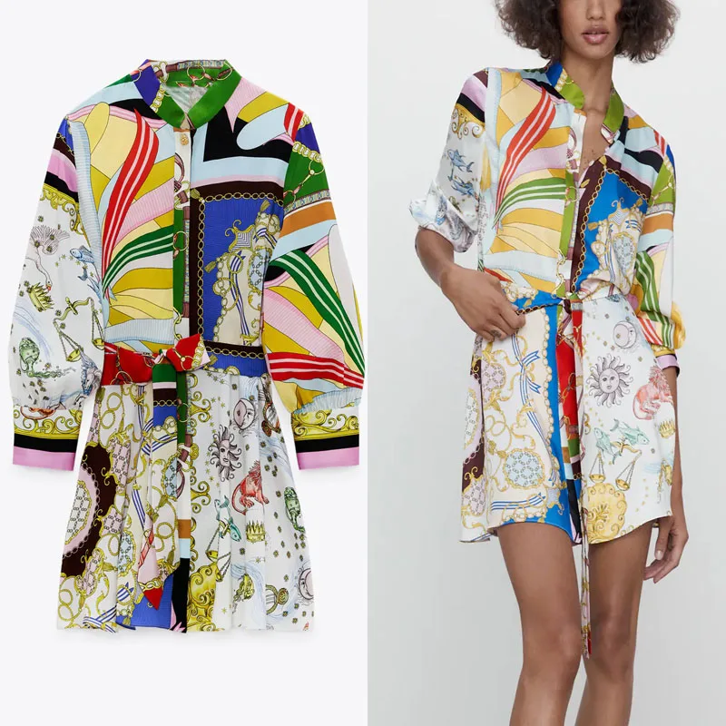 

2021 Za Vintage Print Mini Summer Dress Women Long Sleeve Tied Self Belt Party Dresses Female Fashion Fitted Elegant Vestidos