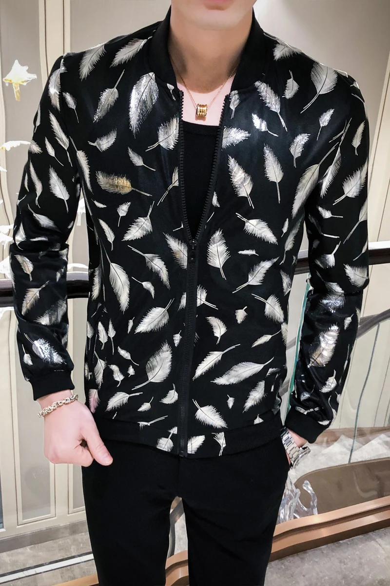 

Feather Print Casual Bomber Jacket Men Spring Outerwear Hip Hop Coats Slim Baseball Jackets Men Streetwear Windbreaker Clothes