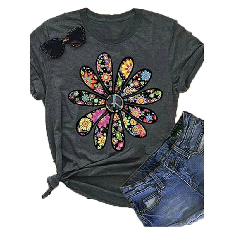 

T-Shirt Women Flower Print Graphic Tee Kawaii Top Female Clothes Kawaii Y2k Vintage Aesthetic Streetwear Peace Sign Floral Shirt