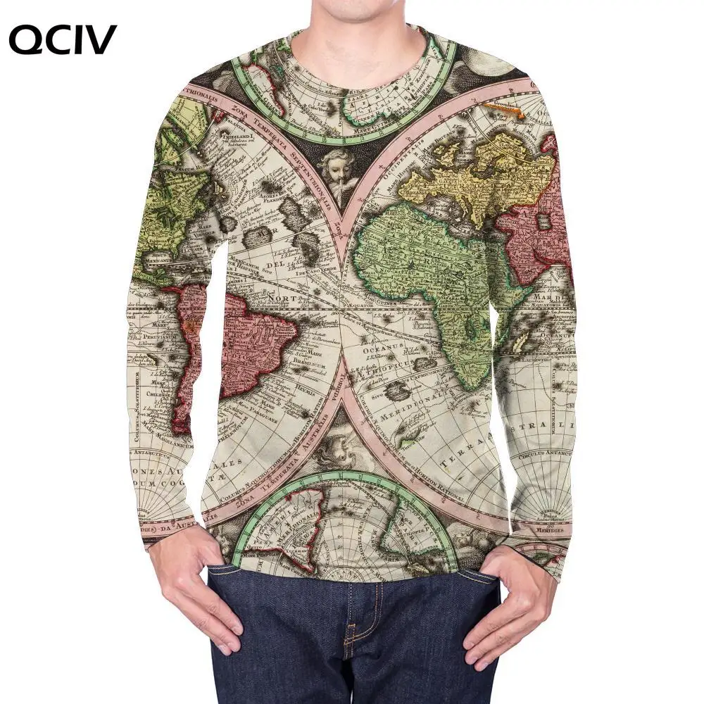 

QCIV Brand World Map Long sleeve T shirt Men Portrait Punk Rock Art 3d Printed Tshirt Novel Anime Clothes Mens Clothing Casual