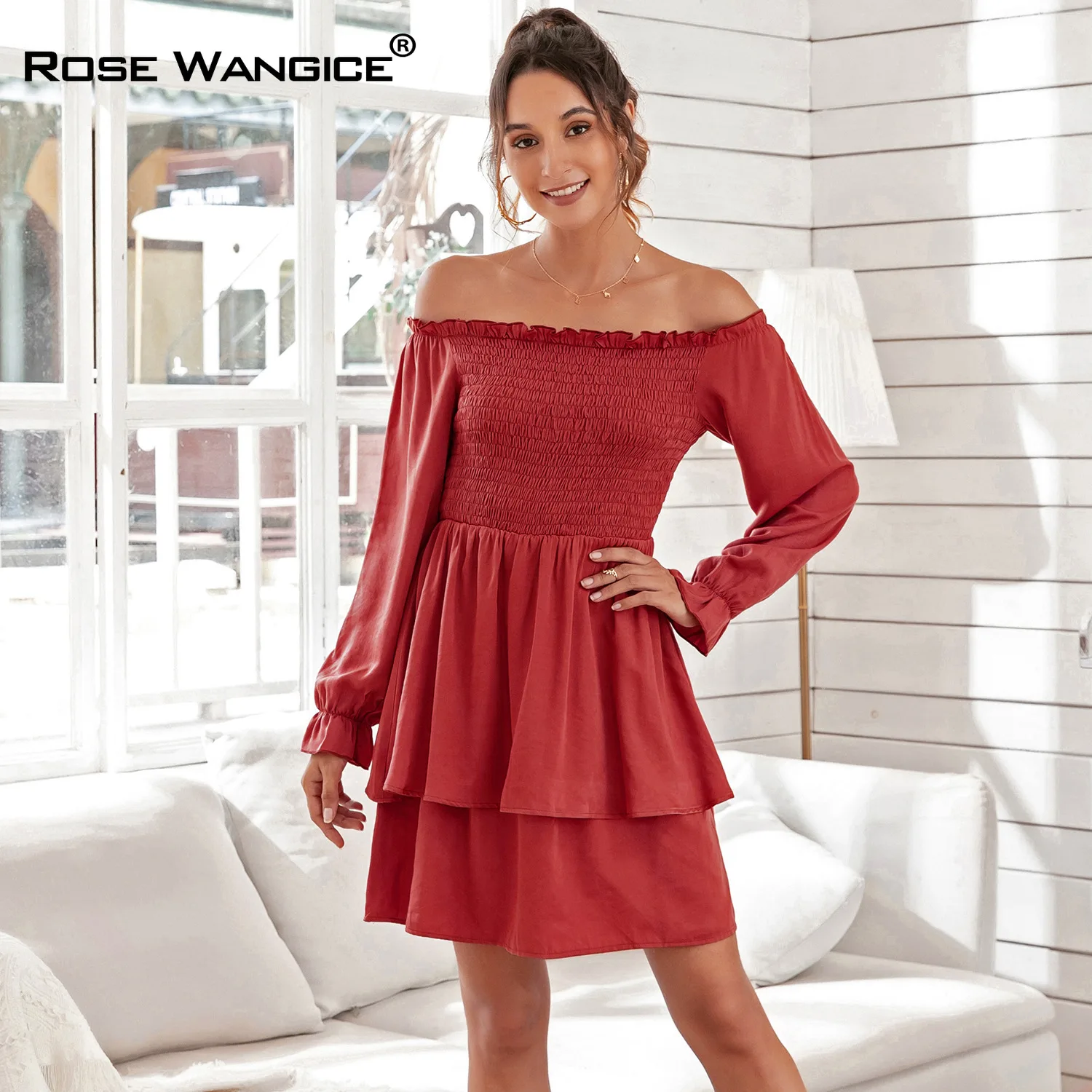 

Women Dress Ladylike Temperament A Word Neckline Wrap Bosom Elegant Wedding Party Cake Skirt Commuted 2021 Spring Short Skirt