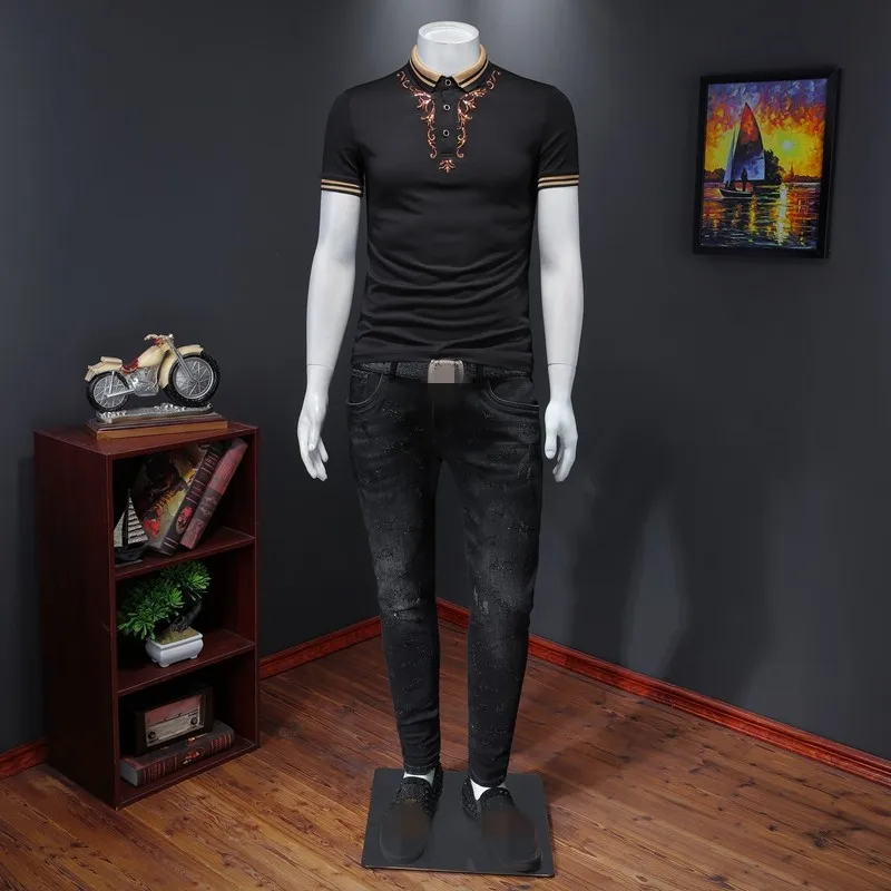 

Men Short Sleeve T-Shirt Lapel Sequin Embroidered Slim Fit T-Shirt Spring Autumn New Black Mixed Color Trim Fashion Solid Top