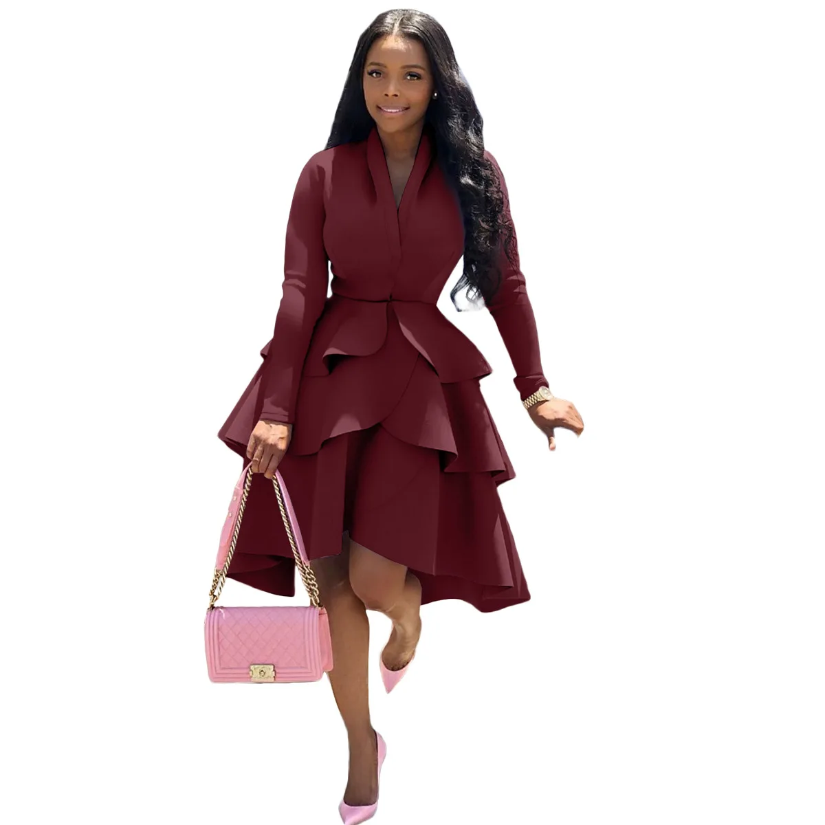 

HAOOHU Multilayer Ruffles Office Lady Club Party Dresses Women Deep V Neck Long Sleeve Irregular Dress Elegant Fit Robe Femme