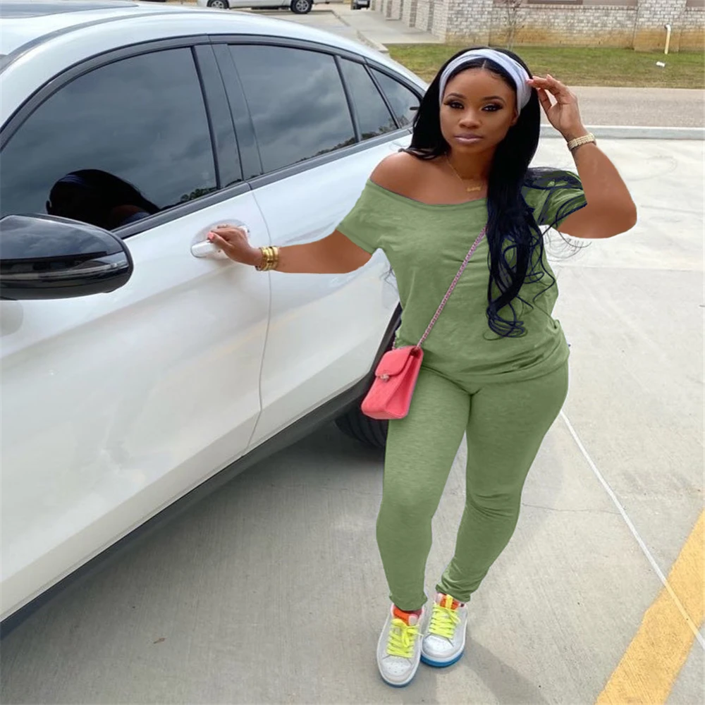 

F7282 European American spring and summer women's fashion slant shoulder solid color leisure short sleeve two piece set availabl