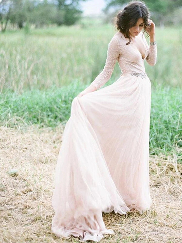 Vestido de novia Sexy con escote en V pronunciado y Espalda descubierta, vestido de novia con Apliques de encaje para exteriores