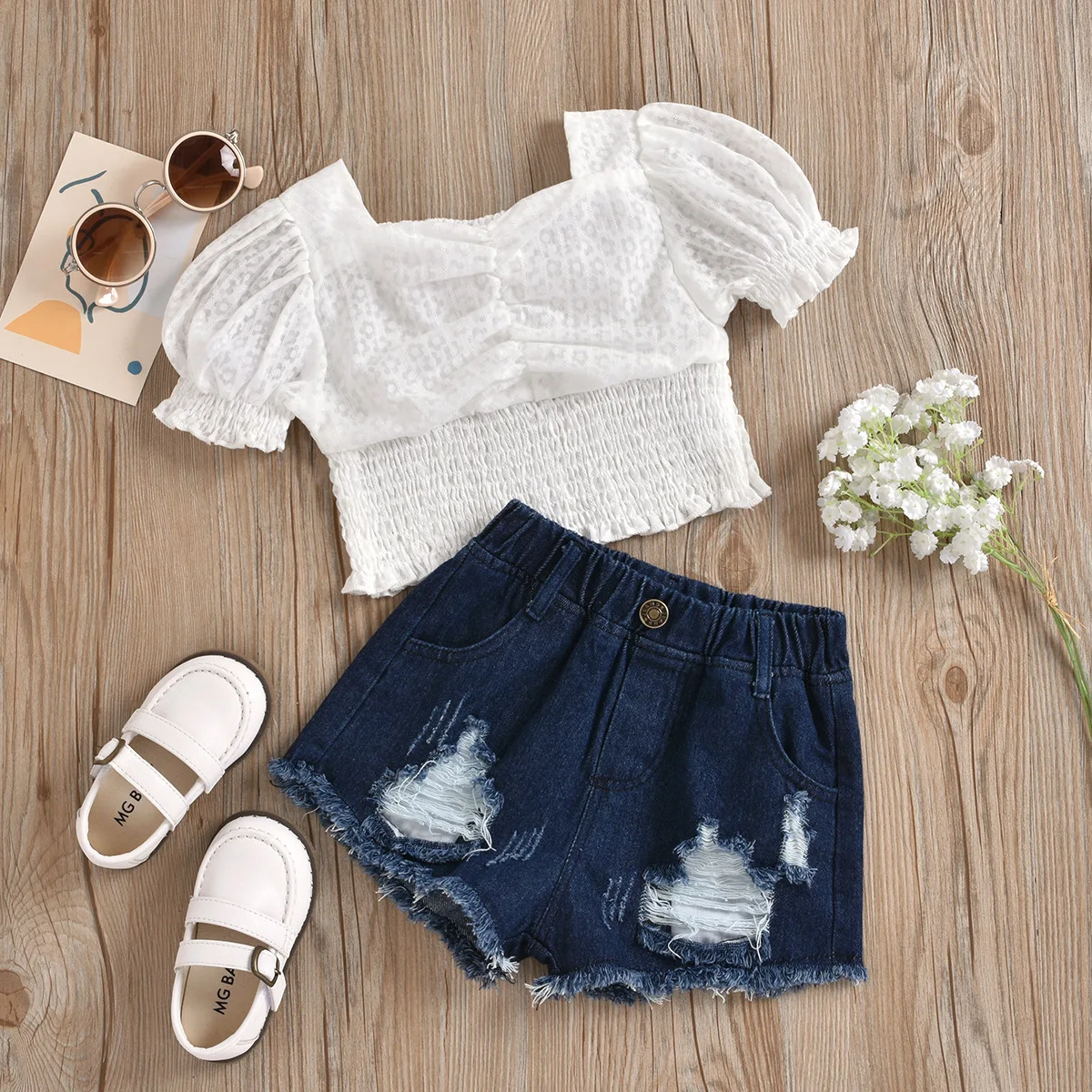 

Value New Summer 2-7Y Children Girls Clothes Sets Top Shorts Jeans Fashion Lantern sleeve White Shirt Kids Girls 2Pcs Outfits