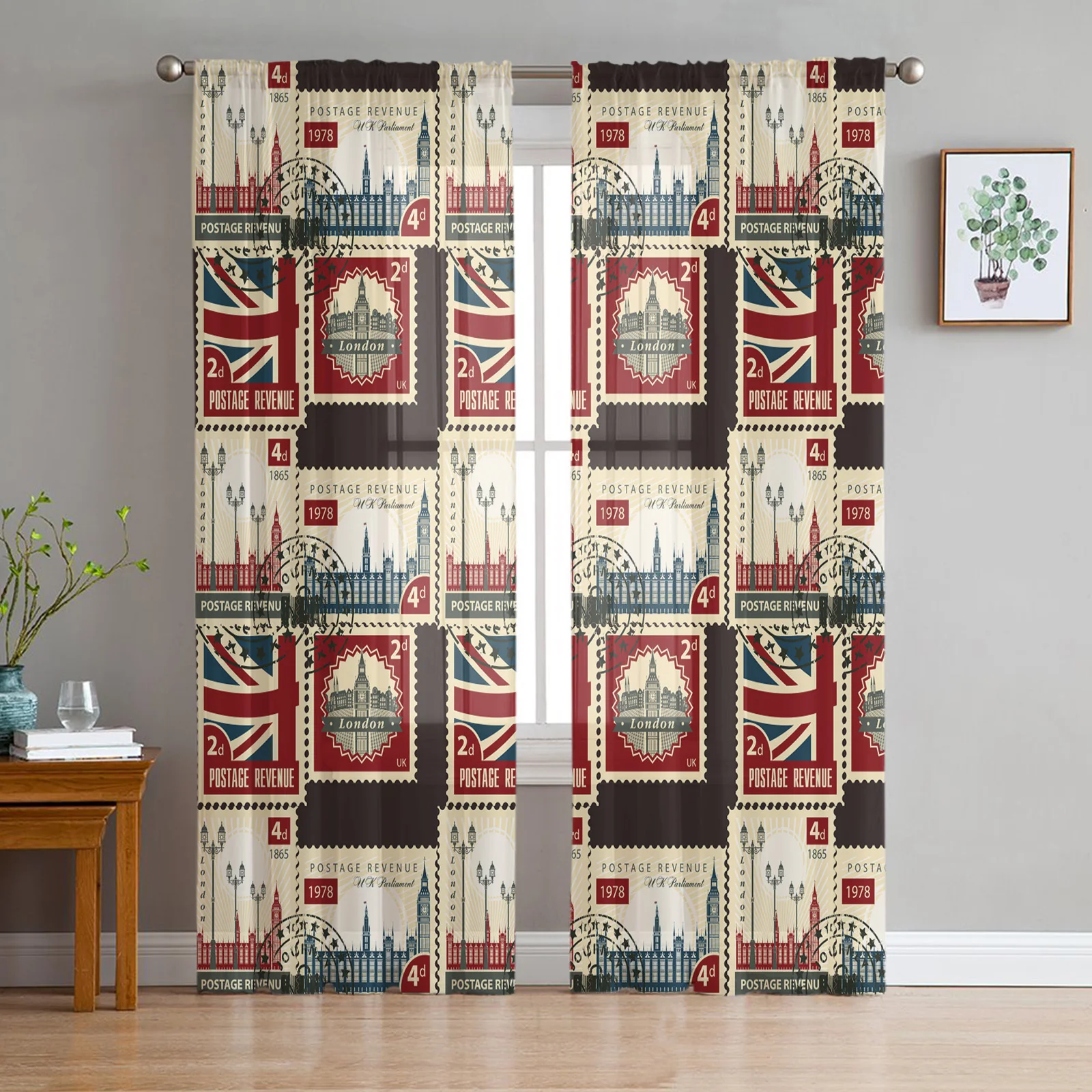 

Vintage London Stamp Chiffon Sheer Curtains for Living Room Bedroom Home Decoration Window Voile Tulle Curtain Drapes
