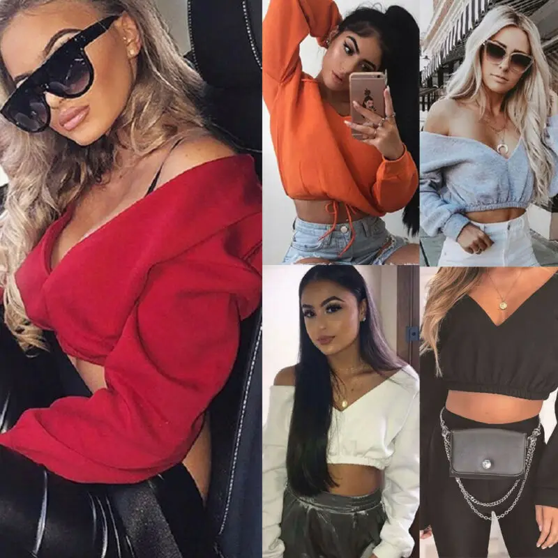 New Womens Tops Autumn Crop Hoodies Women Long Sleeve Deep-V Neck Top Off Shoulder Sweatshirts Sexy Casual Tops