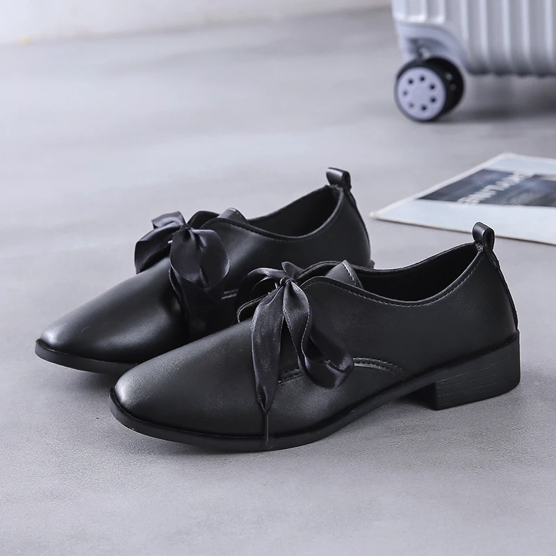 Autumn Bow Shiny Loafers Women Shoes Patent Leather Elegant Low Heels Ladies Footwear Female Pointed Toe Thick Heel | Обувь