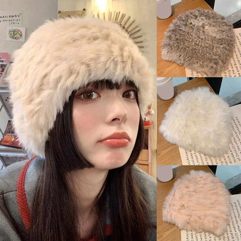 

Fashion Retro Rabbit Plush Fleece Hat Plush Hatscaps All-match Fall Winter Plush Hat Fluffy Bucket Hats for Women Female