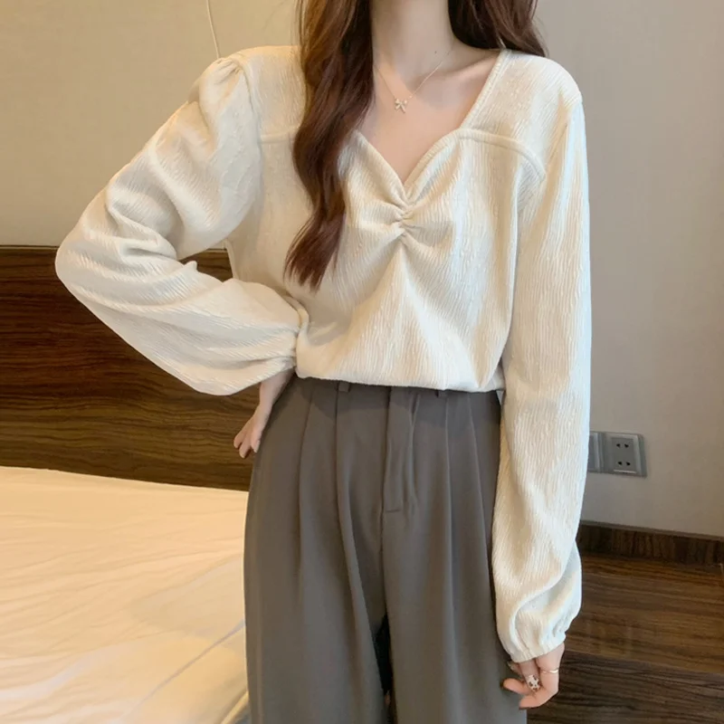 French Pleated Square Neck Long Sleeve Shirt Women's Clothing Spring Autumn 2021 Design Sense Short Chic Top Rac | Женская одежда