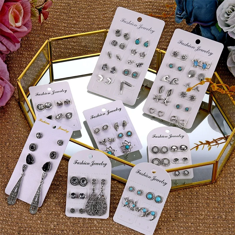 Набор женских серег-гвоздиков в богемном стиле винтажные геометрические серьги