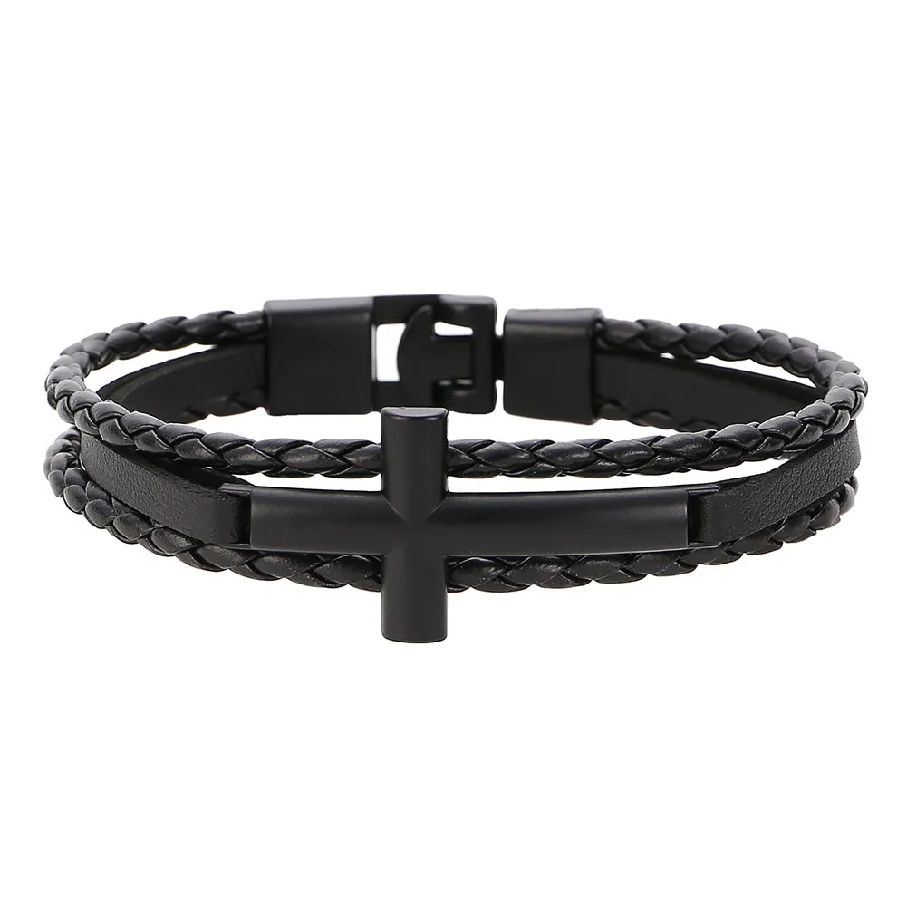 Мужской многослойный браслет из искусственной кожи с крестом|Браслеты шармами| |