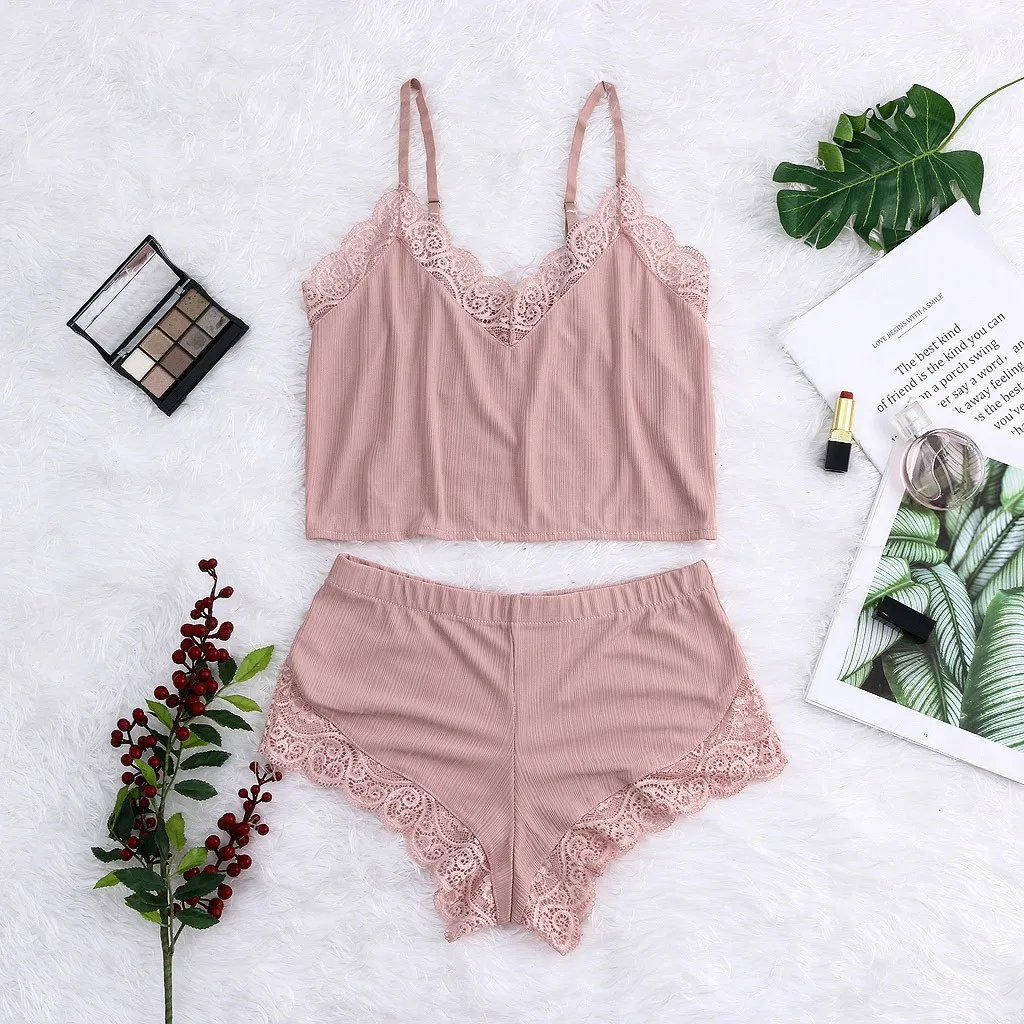

Pajamas set Lace Trim Satin Cami And Shorts Pajama Set Women Sexy Lingerie Set 2020 Autumn Nightgown Ladies Sleepwear #3
