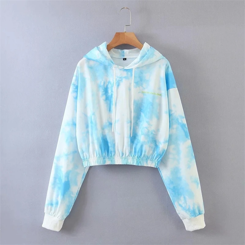 

YOSIBCD Women 2021 Fashion Tie-dye Print Cropped Hoodies Sweatshirts Vintage Long Sleeve Elastic Hem Female Pullovers Chic Tops