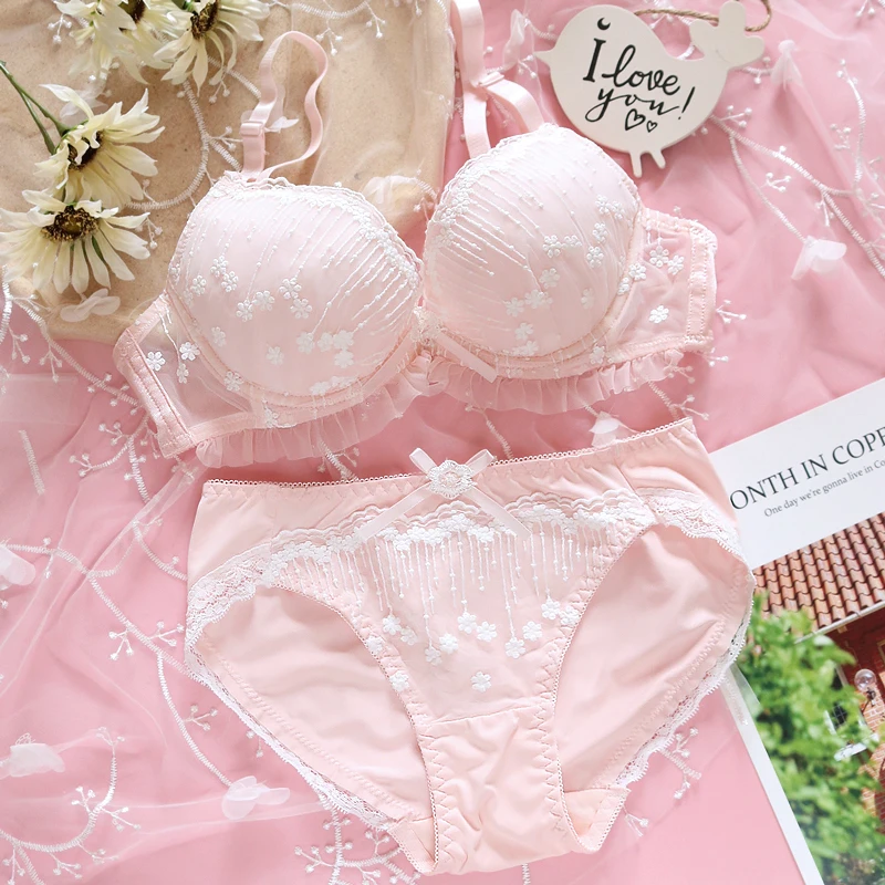 Small Fresh Sexy Lolita Cute Snowflake Embroidery Lace Trim Bra & Brief Set Japanese Women's Push Up Underwire Underwear Set