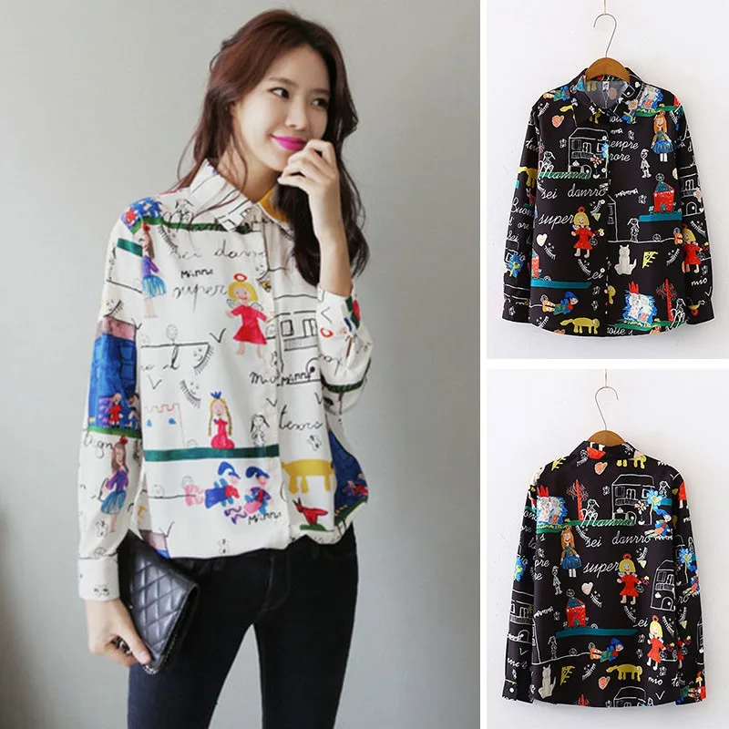 

Women's Vintage Cartoon Print Lapel Shirt Loose Single-breasted Long Sleeve Blouse