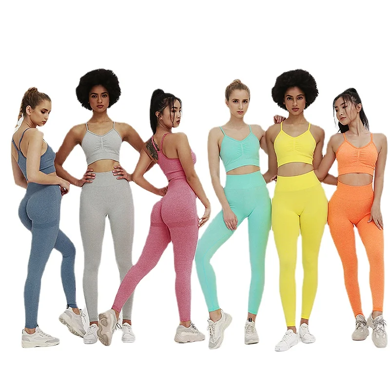 

Лидер продаж 2021, европейский и американский стиль, трикотажные бесшовные складные брюки, спортивный однотонный костюм для фитнеса