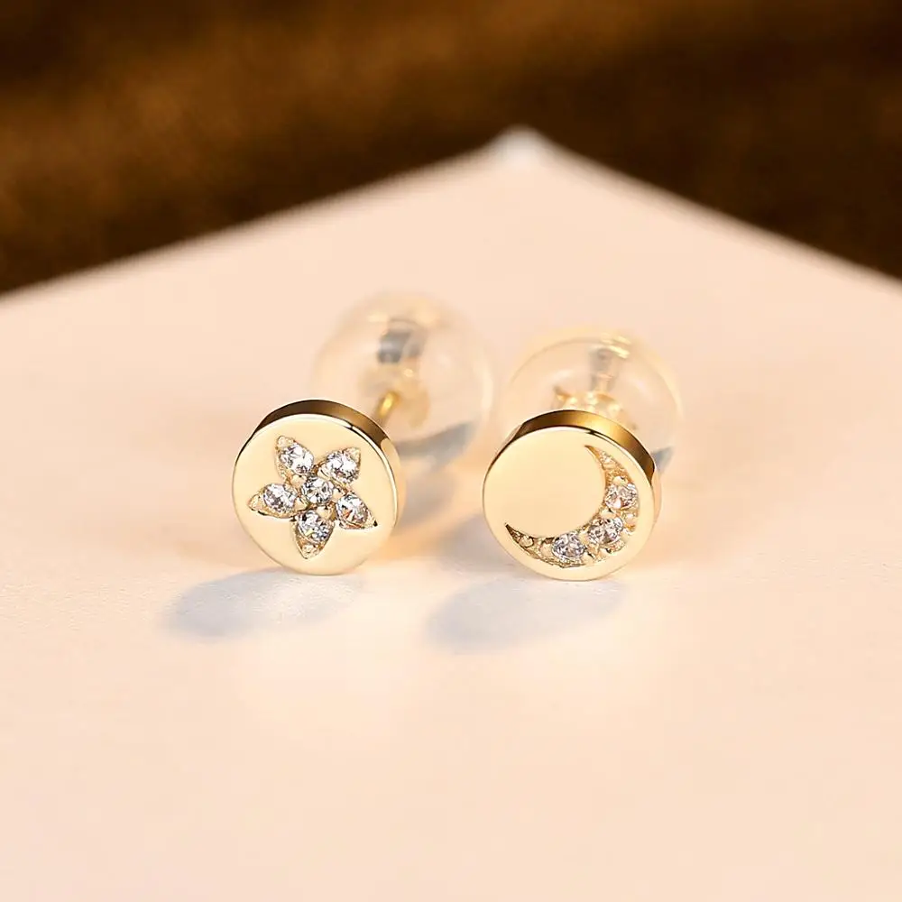 

CZCITY Moon&Star Wedding Engagement Stud Earrings for Women Dating Pure 14k Yellow Gold Jewelry Boucle D'Oreille Bijoux E14926