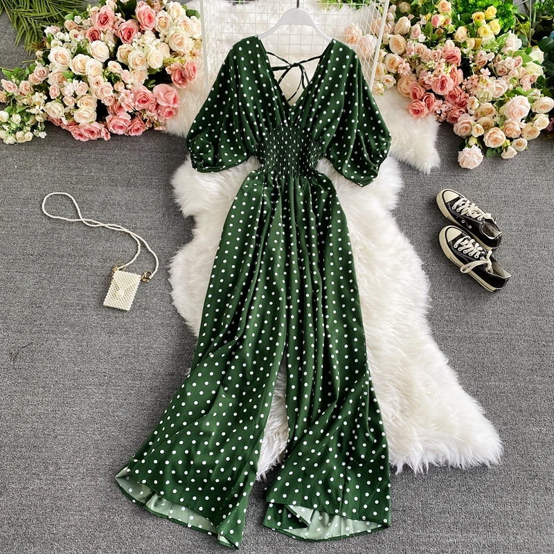 

Dot Print Puff Short Sleeve Jumpsuit Spring Autumn Sexy V Neck High Waist Elastic Bodycon Romper Women's Casual Wide Leg Pants