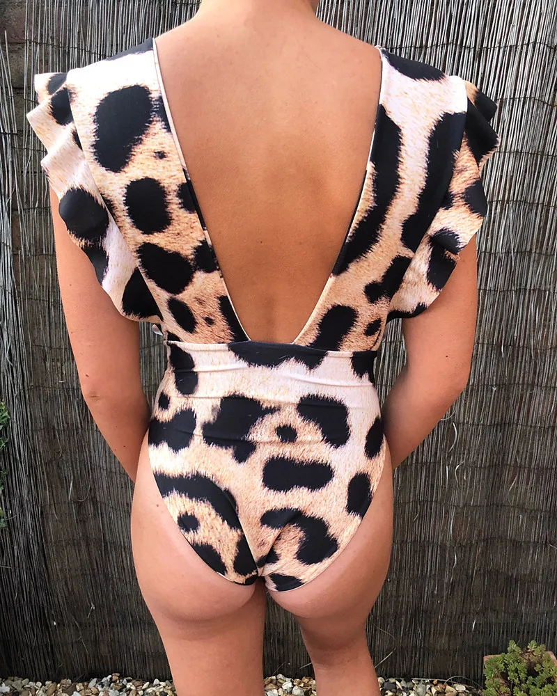 Сексуальный леопардовый Цельный купальник с глубоким V образным вырезом женская