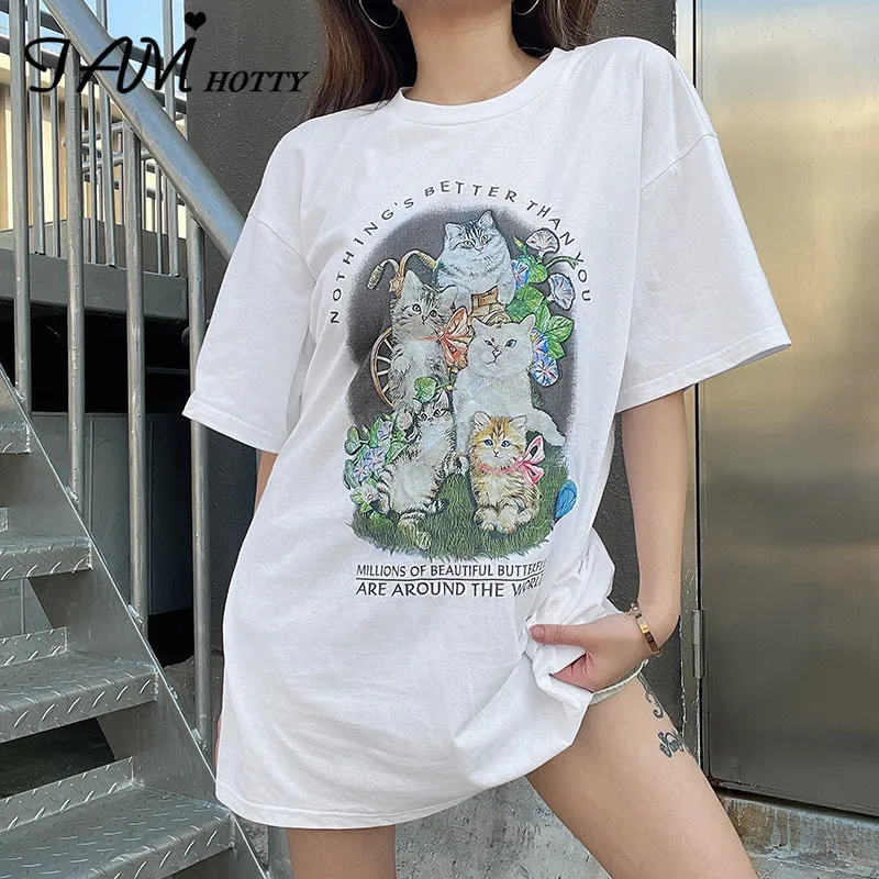 

Cute Cat Printed Oversized Long T-shirt Women Cotton Short Sleeve Casual Graphics Tee Summer Vintage Tops Korean Style Iamhotty