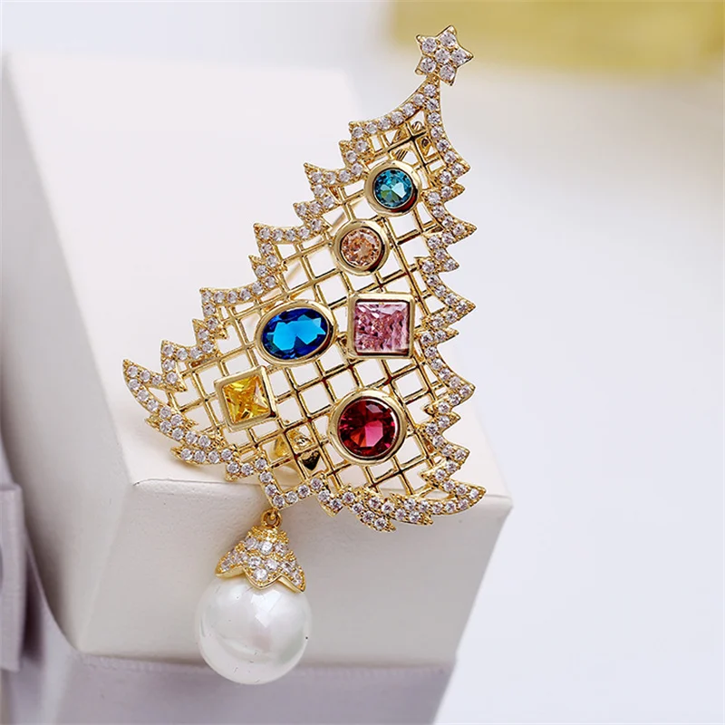 Luxury Man Christmas Tree Brooch Pins +AAA CZ Pearls Charms Pendant Sparkling Brooches Jewelry for Women Girl Male Wedding Gift | Украшения