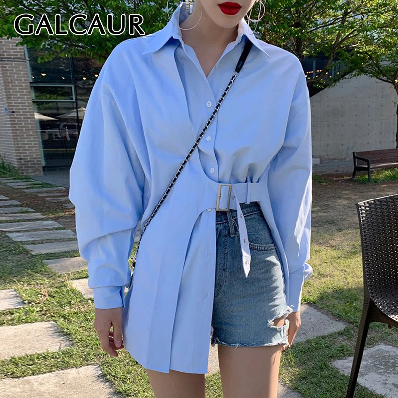 

GALCAUR Korean Shirt For Women Lapel Long Sleeve Patchwork Lace Up Asymmetrical Hem Straight Blouses Female 2021 Spring Clothing