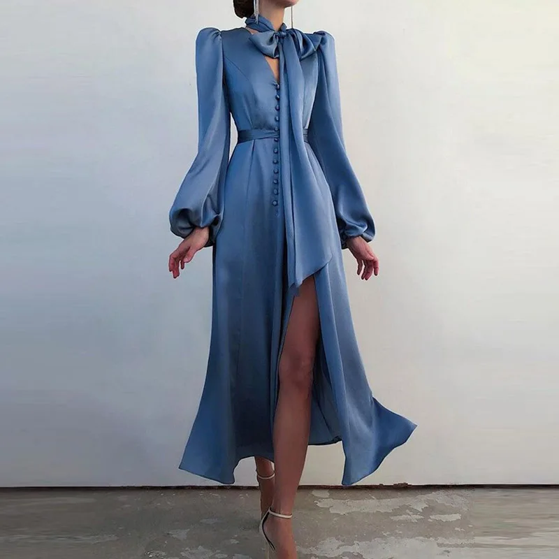 

Deep V-Neck Women Split Long Dress Elegant Button Lantern Sleeve Party Dress Summer Fashion Solid Office Lady Split Long Dresses