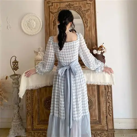 

Elegant Designer Dress Women French Style Plaid Chiffon Sweet Dress Long Sleeve Ruffles Party Dress Women's Clothing Autumn 2020