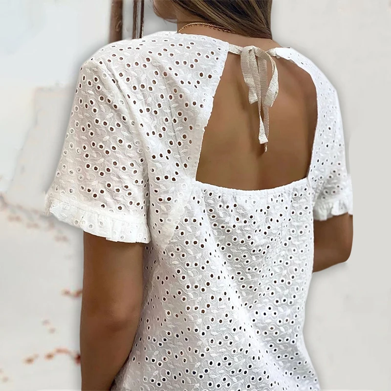 

One Piece Eyelet Embroidery Backless Tied Detail Women T-shirt Fashion Sexy Prim Baggy Lace Stiching Tops School Tunic