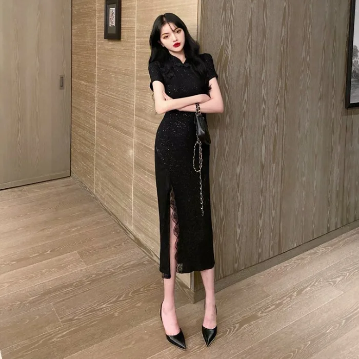 Женское винтажное платье Ципао, черное кружевное длинное платье в китайском стиле, традиционное платье для вечеринок от AliExpress WW