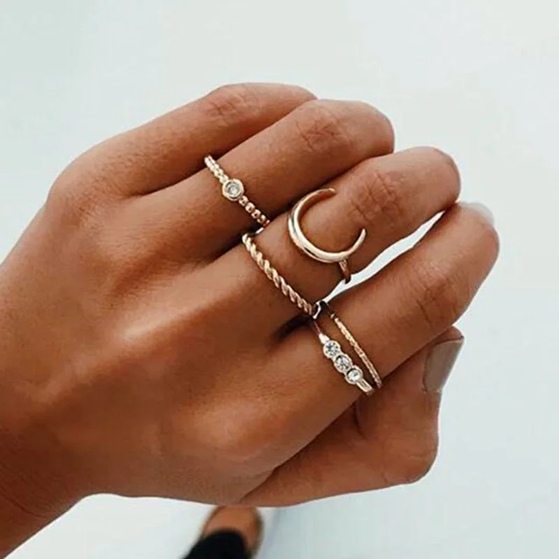 5 шт./компл. набор колец золотистого цвета луна хрустальное кольцо в стиле бохо